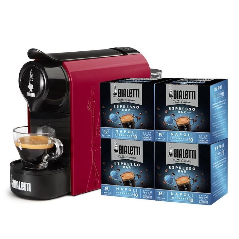 Macchina da caffè a capsule Bialetti Gioia rossa con confezioni di capsule