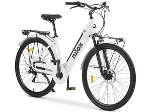 Bicicletta elettrica da città Nilox J7 bianca con ruote da 28 pollici e portapacchi