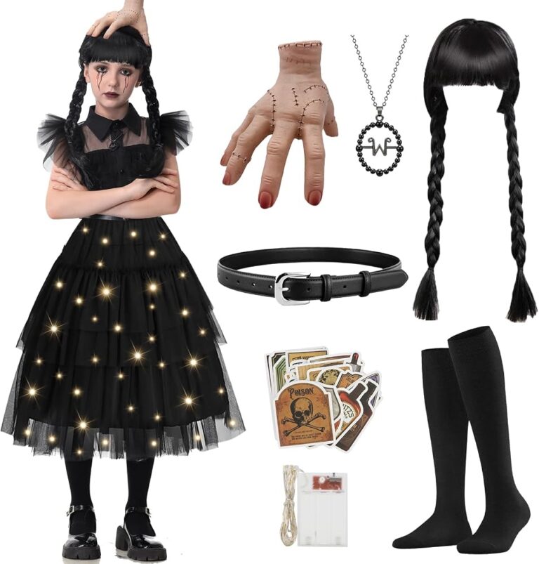 Vestito nero di Mercoledì per bambina YOOHBERRYS con luci LED nella gonna, parrucca e accessori
