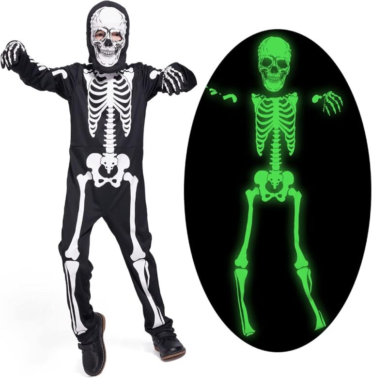 Costume da scheletro per bambini Sincere Party che si illumina al buio, con cappuccio e guanti