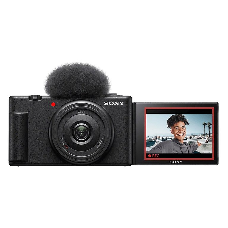 Fotocamera per vlog Sony ZV-1F nera con antivento e schermo aperto