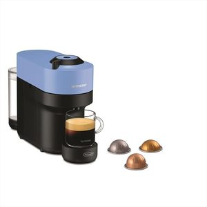 Macchina da caffè a capsule Nespresso Vertuo Pop celeste e nera con tazzina