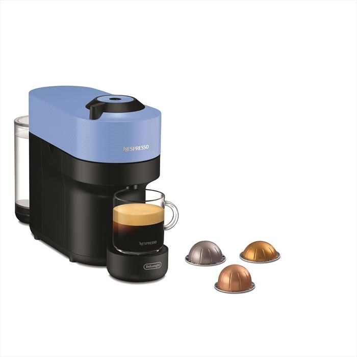 Macchina da caffè a capsule Nespresso Vertuo Pop celeste e nera con tazzina