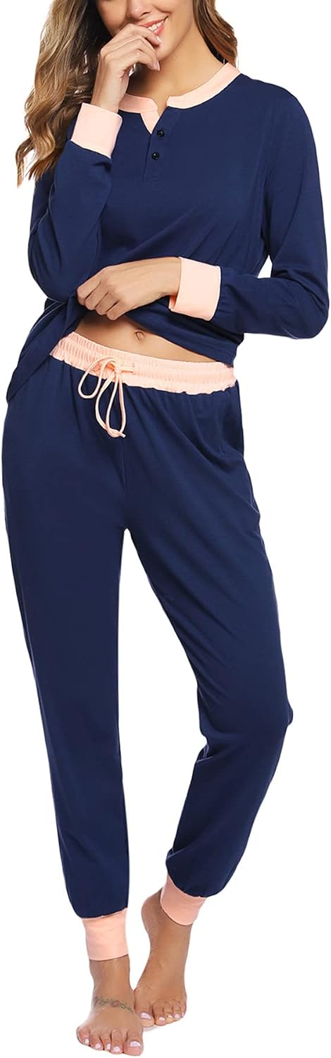 Pigiama invernale da donna Aseniza in cotone blu con bordi rosa, coulisse e polsini alle caviglie