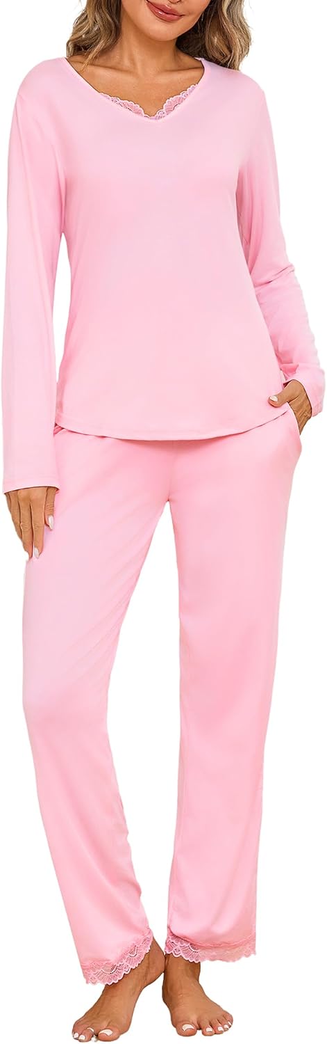 Pigiama da donna Jahetuul in cotone rosa con scollo a V, bottoni sul davanti e pantaloni lunghi