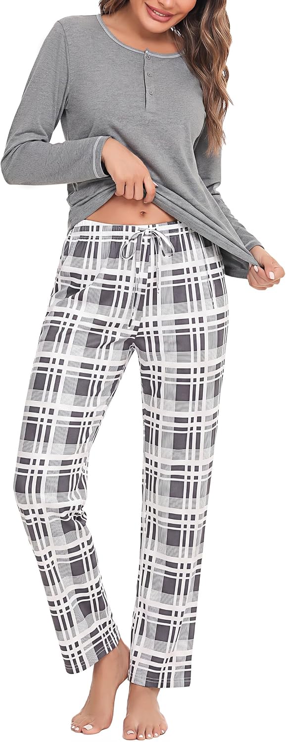 Pigiama invernale da donna Litherday con maglia grigia in cotone e pantaloni lunghi a quadri