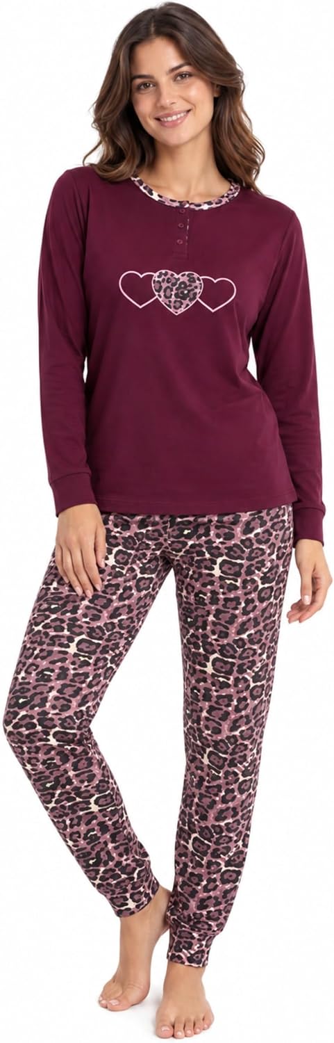 Pigiama invernale da donna Vanuè in cotone bordeaux con stampa cuori e pantaloni leopardati
