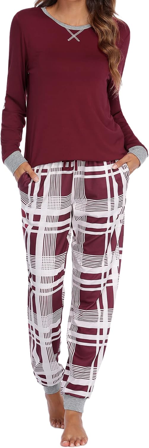 Pigiama invernale da donna Ekouaer con maglia bordeaux e pantaloni a quadri con polsini