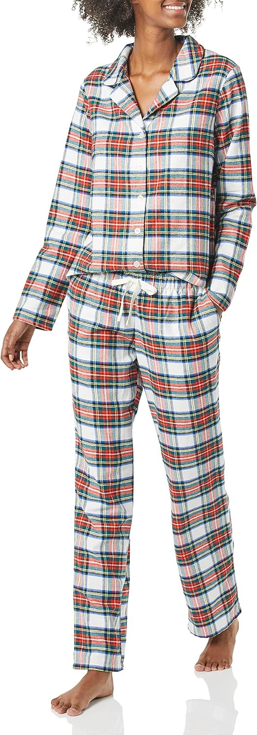 Pigiama da donna in flanella di cotone Amazon Essentials a quadri con camicia abbottonata e pantaloni