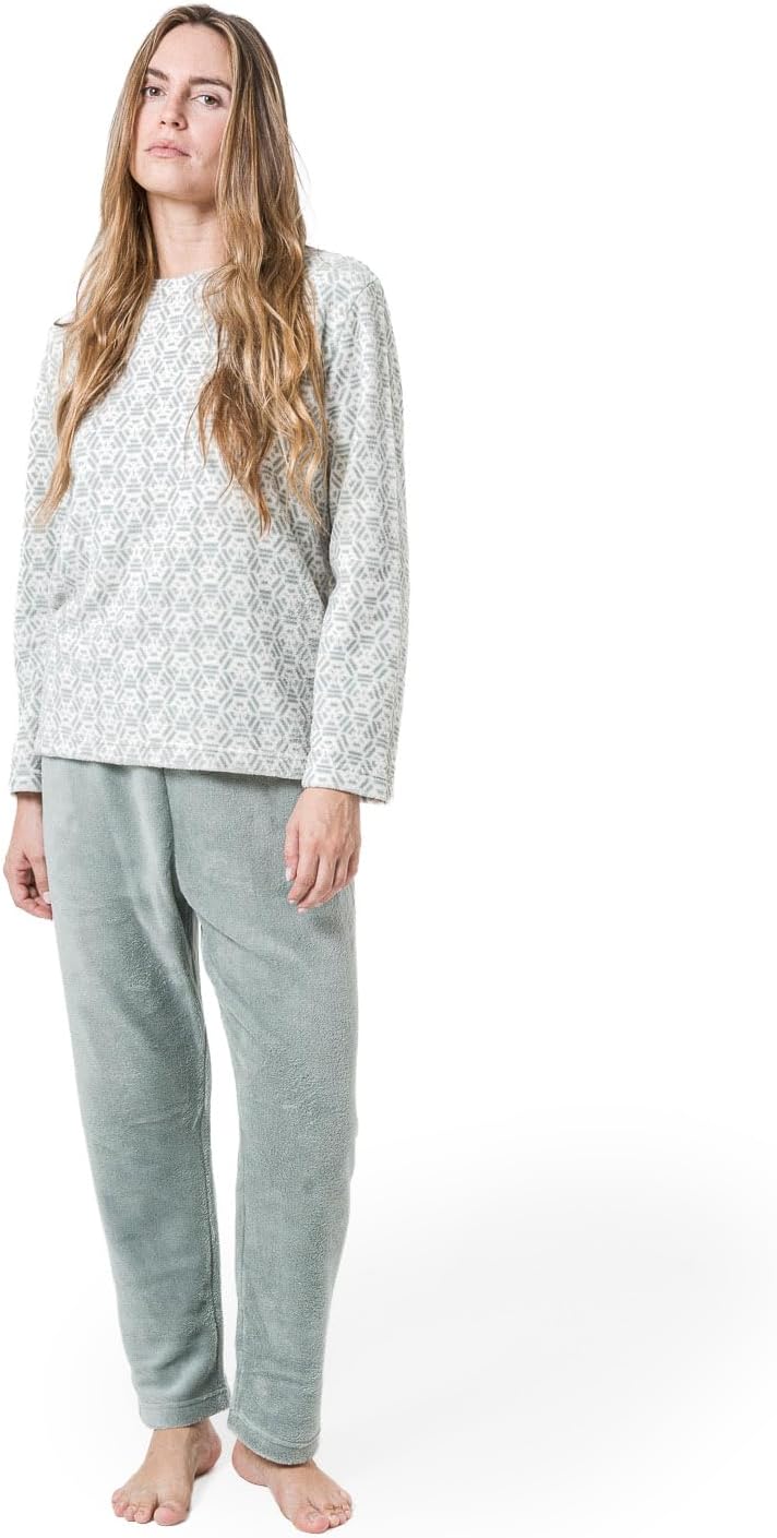 Pigiama invernale da donna TRAMAS+ in pile corallo con maglia stampata e pantaloni verde acqua
