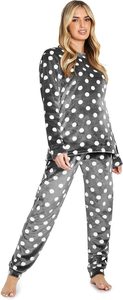 Pigiama invernale da donna in pile CityComfort grigio a pois bianchi con felpa e pantaloni lunghi
