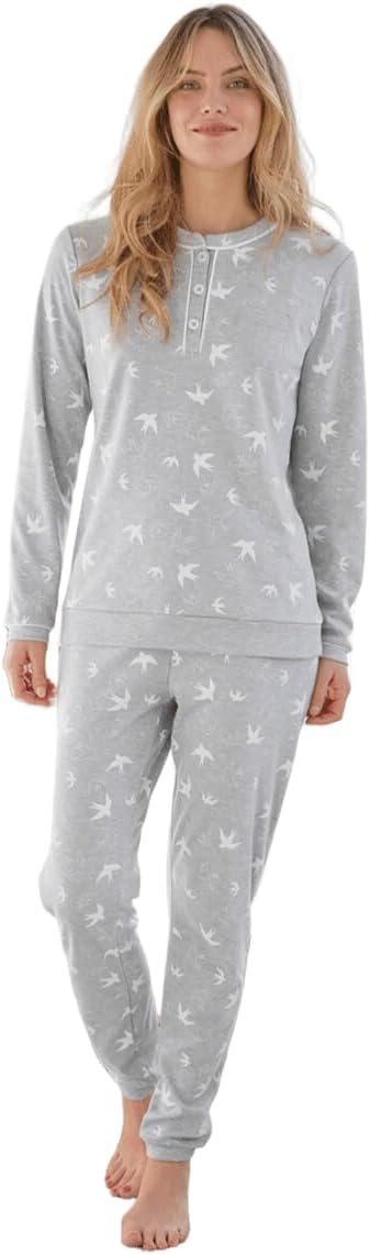 Pigiama termico da donna Damart in maglia Thermolactyl interlock grigio con stampa a rondini