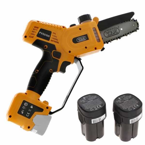 Mini motosega a batteria Volpi Predator PVS5100 gialla con due batterie