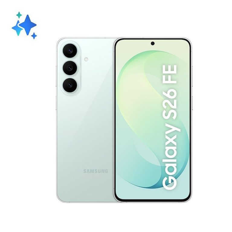 Smartphone Samsung Galaxy S26 FE verde pistacchio, retro e schermo